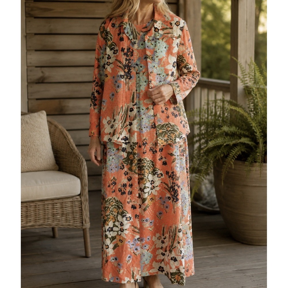 Vintage Leslie Fay Originals Dress & Blouse Set 1970's Orange Floral Size 14